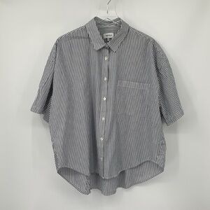 Pistola boxy button front blouse shirt top blue white sea stripe cotton X-Large